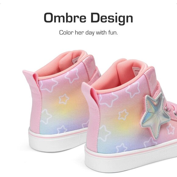 Kid's Girls Sneaker Hook Loop Sparkly Shiny Star Comfortable Casual Pink Shoes - Picture 3 of 6